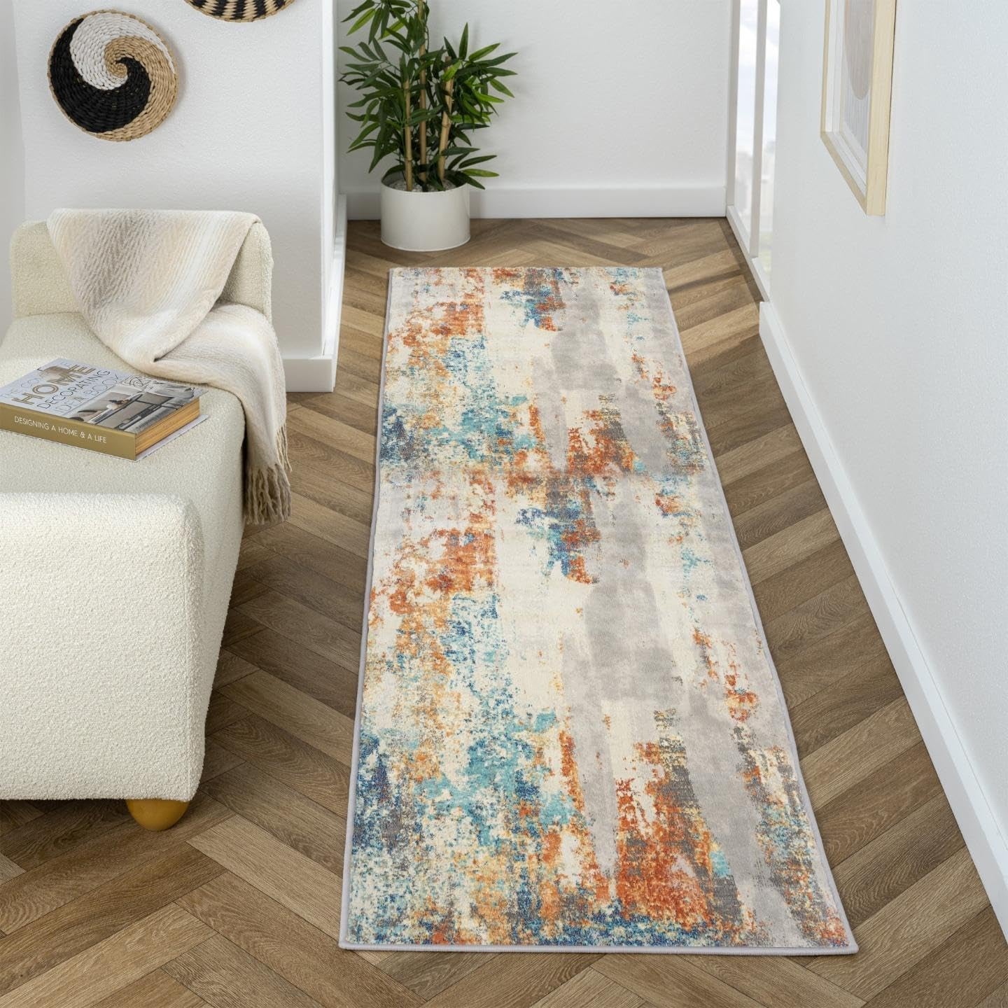 Modern Abstract Medium Pile Area Rug Multi 2X7 | Stain-Resistant, Cozy