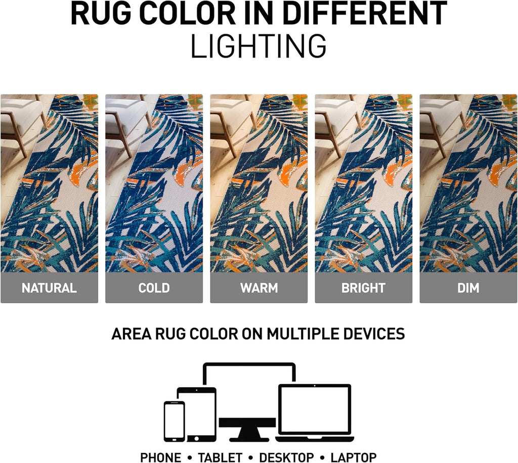Indoor/Outdoor Floral Tropical Durable Area Rug Multi 7'10" X 10' | Non-Shedding, High Traffic, Leaves, Rectangular, Size 7'10" X 10', Patio, Deck, Porch, Balcony, Backyard, Garden, Poolside
