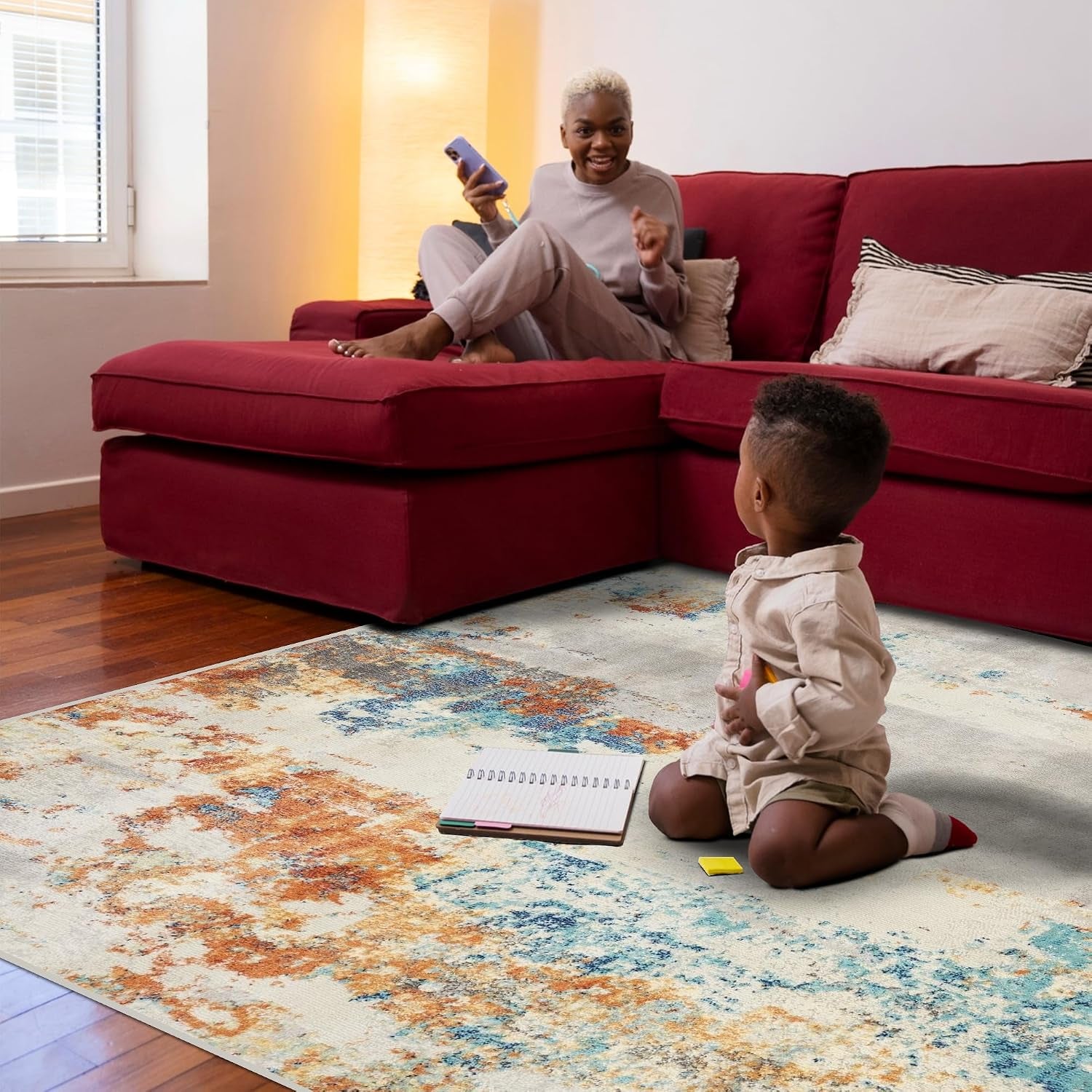 Modern Abstract Medium Pile Area Rug Multi 2X7 | Stain-Resistant, Cozy