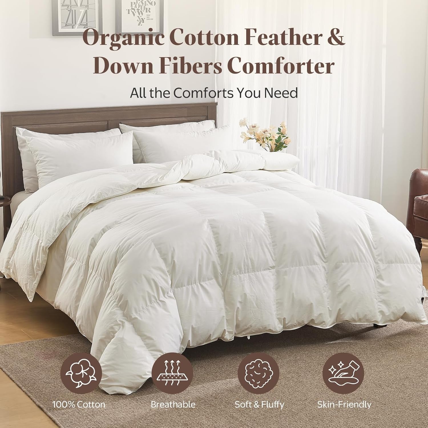 Goose Feather down Fiber Comforter Oversized King, All Season | 100% Organic Cotton Shell Duvet Insert, Medium Warmth Hotel Luxury Bedding Comforter, 120 X 98 Inches, White