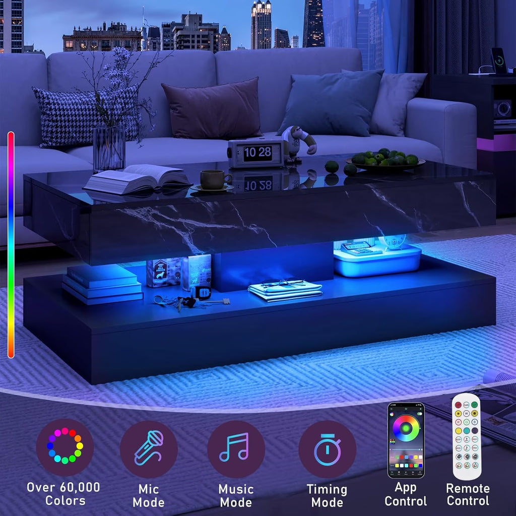 Large Black LED Coffee Table with 2 Storage Drawers, Modern High Gloss Coffee Table W/20 Colors LED Lights/App Control, 2 Tiers Rectangle Large Living Room Furniture W/Marbling Print(47.3")
