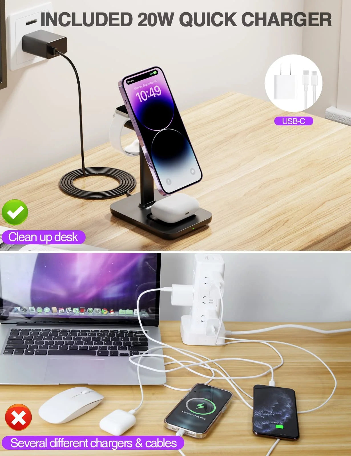 Magnetic Wireless Charging Station Compatible for Iphone, Apple Watch, Airpods, 3-In-1 Wireless Charging Stand with 20W Quick Charger, Gifts for Him Her, White