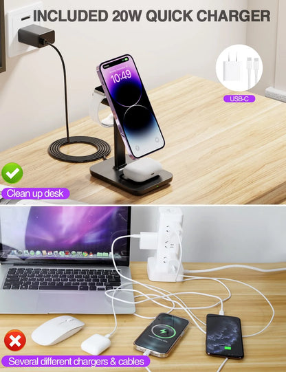 Magnetic Wireless Charging Station Compatible for Iphone, Apple Watch, Airpods, 3-In-1 Wireless Charging Stand with 20W Quick Charger, Gifts for Him Her, White