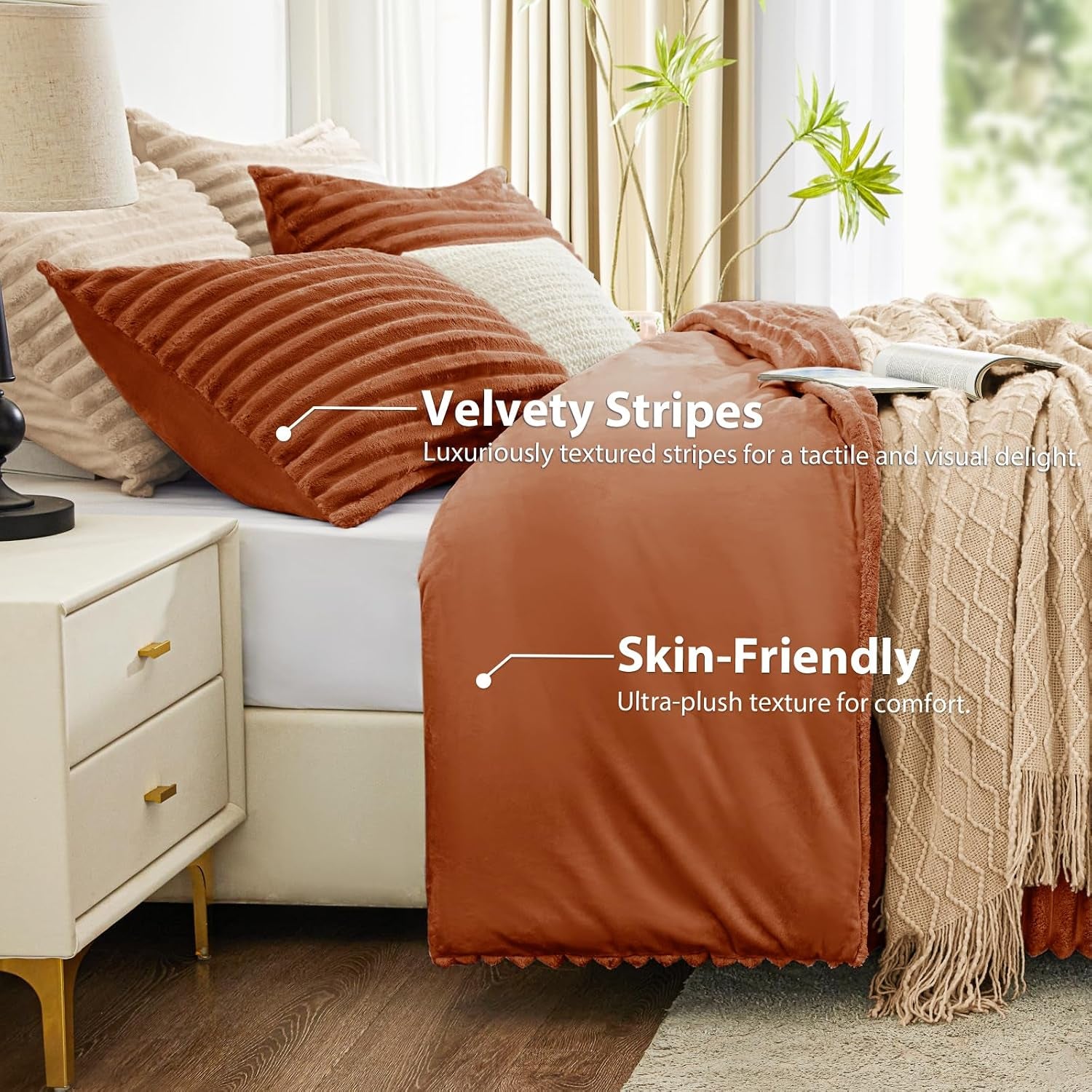 Fluffy Comforter Set Full Size - Super Soft Faux Fur Stripe Jacquard Comforter 3 Pieces, Terracotta Fleece Bedding Set,Winter Warm Bed Set,1 Comforter with 2 Pillowcases