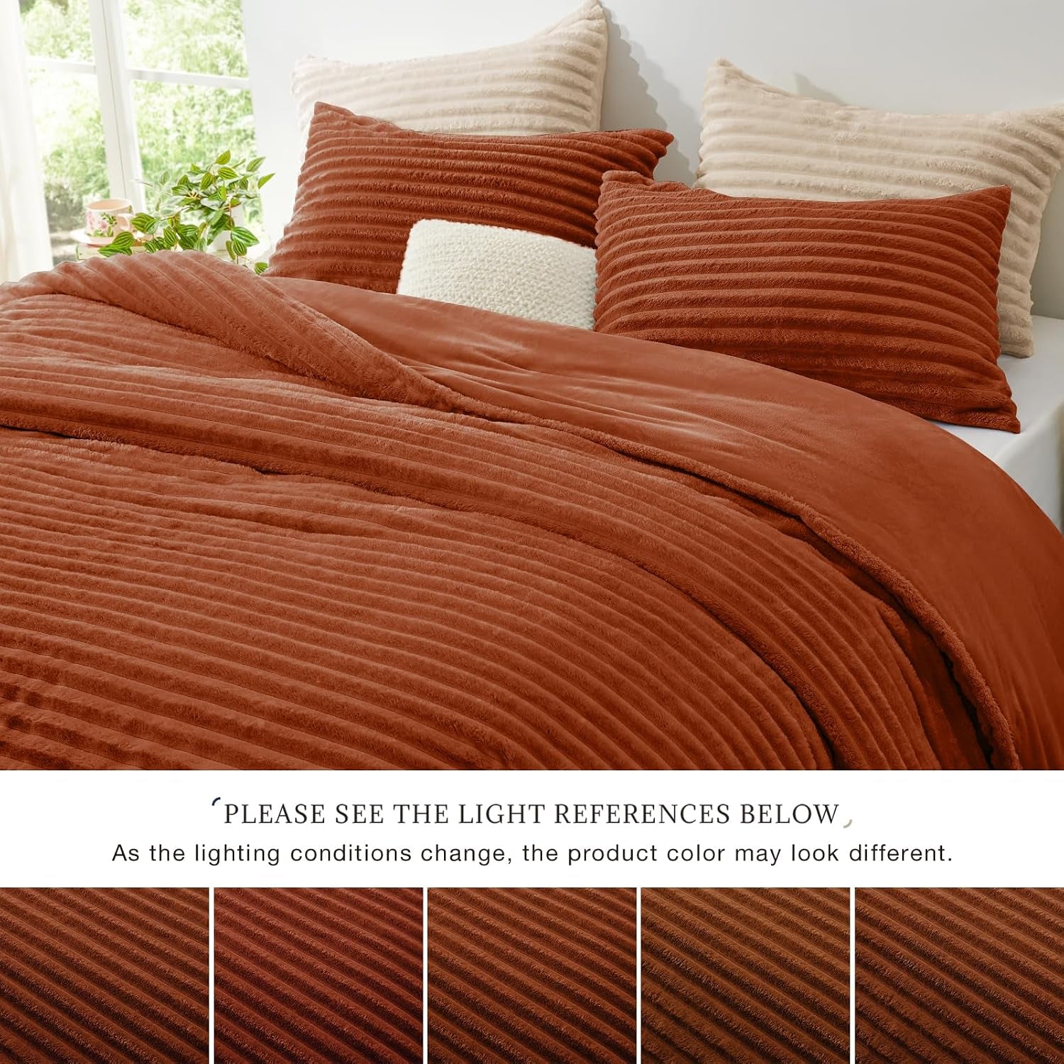 Fluffy Comforter Set Full Size - Super Soft Faux Fur Stripe Jacquard Comforter 3 Pieces, Terracotta Fleece Bedding Set,Winter Warm Bed Set,1 Comforter with 2 Pillowcases