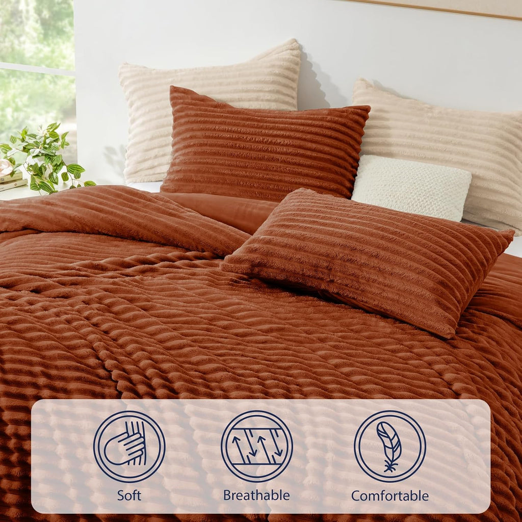 Fluffy Comforter Set Full Size - Super Soft Faux Fur Stripe Jacquard Comforter 3 Pieces, Terracotta Fleece Bedding Set,Winter Warm Bed Set,1 Comforter with 2 Pillowcases
