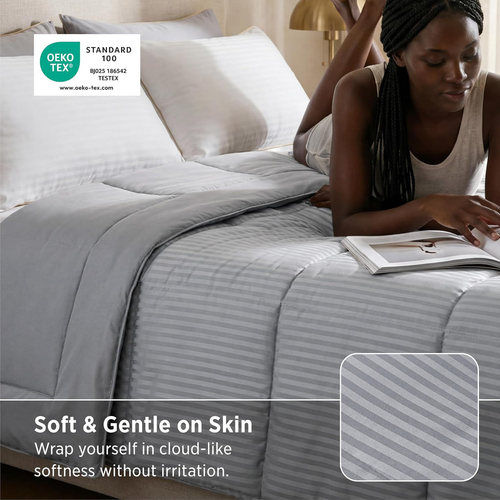 Bedsure Duvet Insert King Size - Lightweight Comforter, Quilted Cooling Duvet Insert, down Alternative Summer Comforter with 8 Tabs, Ultra Soft Blanket, Striped, King, Light Grey, 90X102 Inches