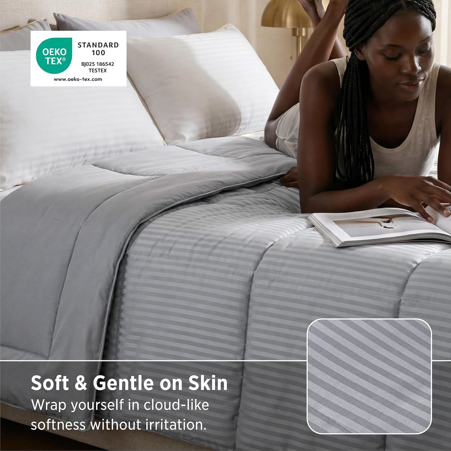 Bedsure Duvet Insert King Size - Lightweight Comforter, Quilted Cooling Duvet Insert, down Alternative Summer Comforter with 8 Tabs, Ultra Soft Blanket, Striped, King, Light Grey, 90X102 Inches