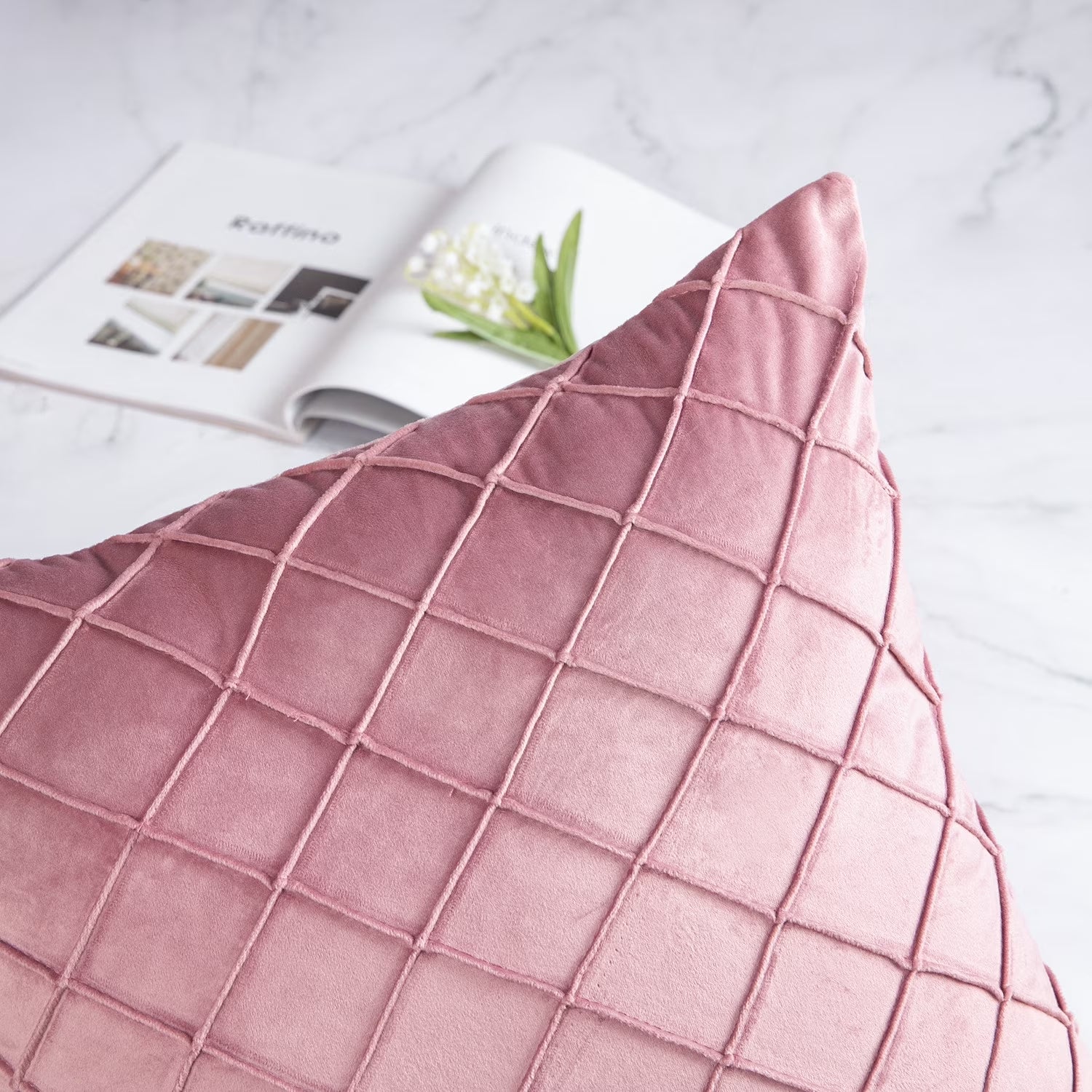 Pleated Velvet Pillow Covers, 18X18 Inch Set of 2, Square Decorative Throw Pillow Cases for Couch & Bed, Luxury Soft Cushion Covers, Pink