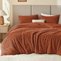 Fluffy Comforter Set Full Size - Super Soft Faux Fur Stripe Jacquard Comforter 3 Pieces, Terracotta Fleece Bedding Set,Winter Warm Bed Set,1 Comforter with 2 Pillowcases