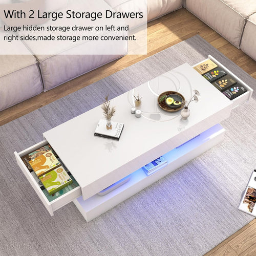 47.3" High Glossy LED Coffee Table with 2 Sliding Storage Drawers, Living Room Coffee Table W/App Control LED Lights, Modern Double-Layer Center Tables Large Furniture, White