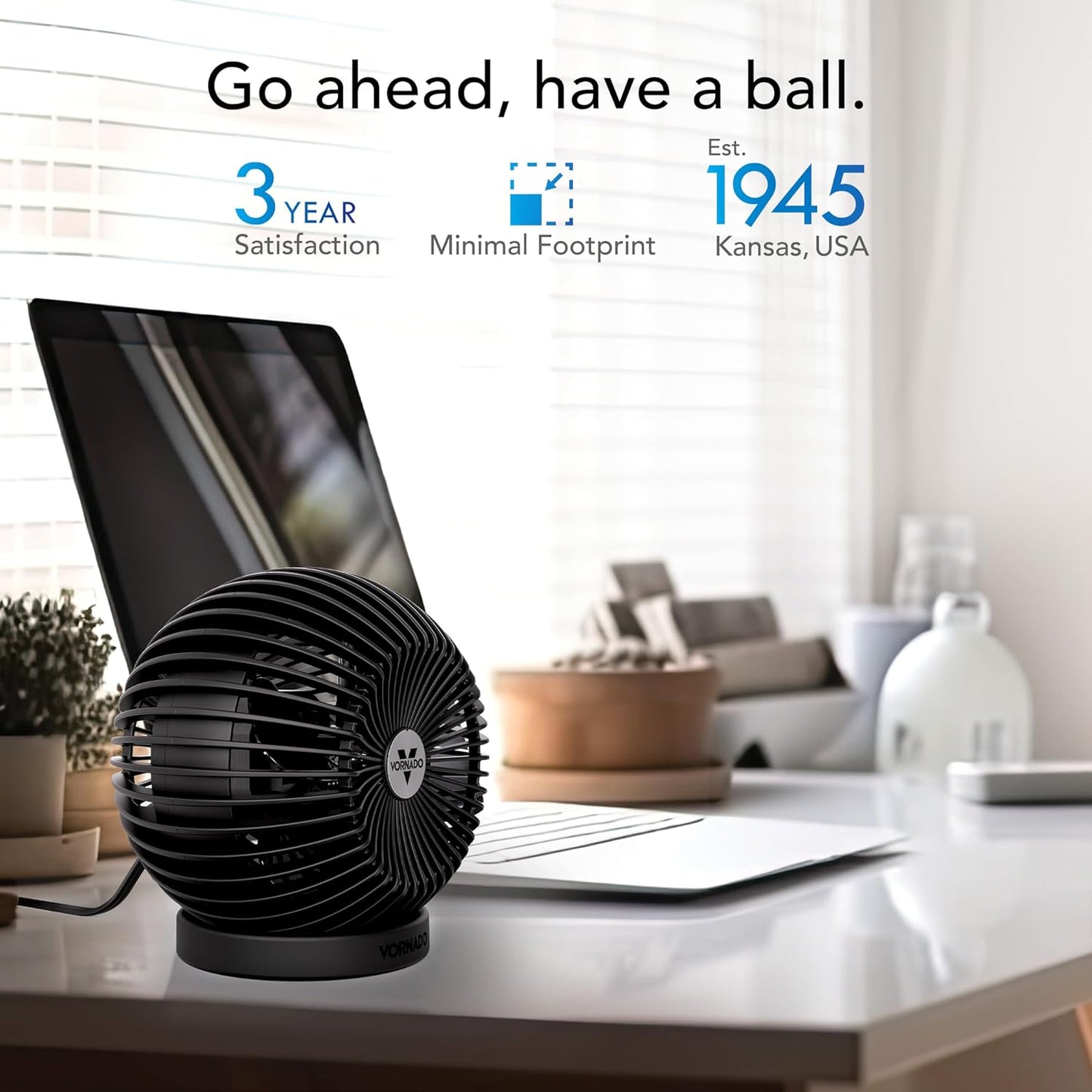 SPHERE Personal Adjustable Fan, Quiet Operation, Targeted Cooling Airflow, 2 Speed Settings, Manual Control, Detachable Base, Fan for Desktop, Nightstand, and Office, Black
