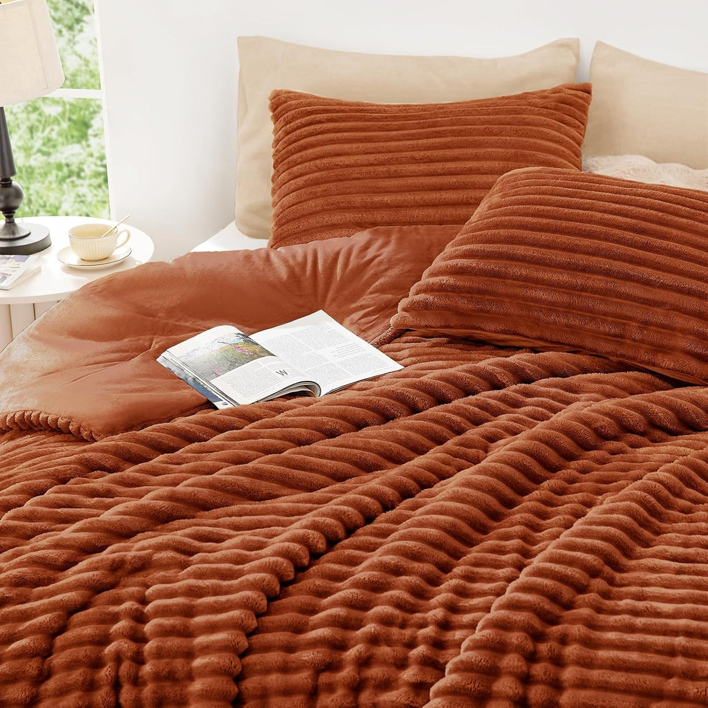 Fluffy Comforter Set Full Size - Super Soft Faux Fur Stripe Jacquard Comforter 3 Pieces, Terracotta Fleece Bedding Set,Winter Warm Bed Set,1 Comforter with 2 Pillowcases