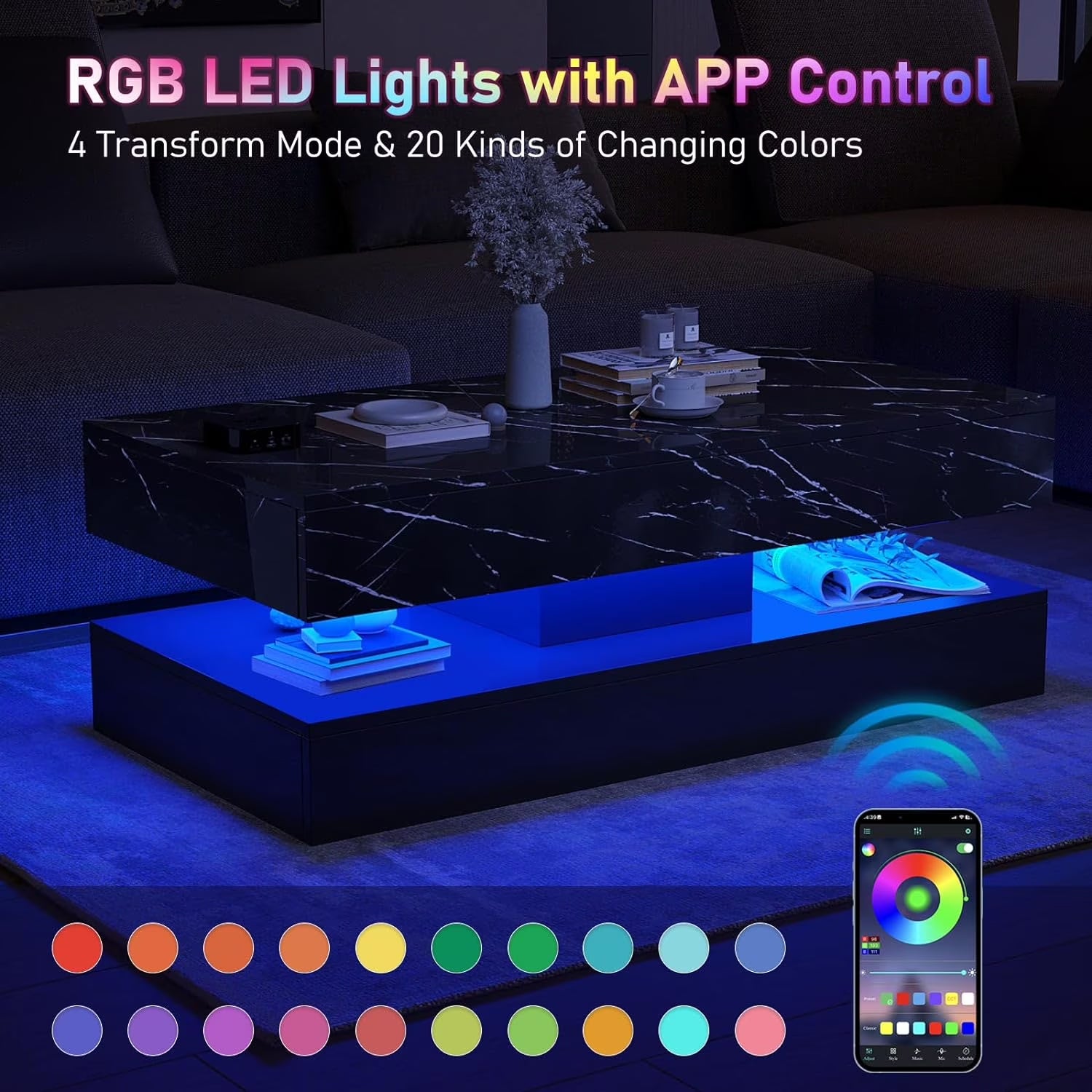 Large Black LED Coffee Table with 2 Storage Drawers, Modern High Gloss Coffee Table W/20 Colors LED Lights/App Control, 2 Tiers Rectangle Large Living Room Furniture W/Marbling Print(47.3")