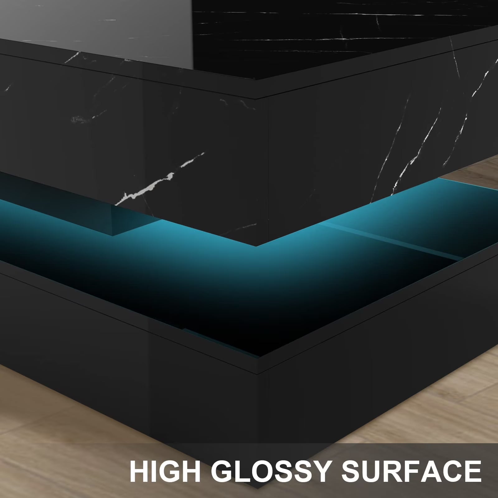 Large Black LED Coffee Table with 2 Storage Drawers, Modern High Gloss Coffee Table W/20 Colors LED Lights/App Control, 2 Tiers Rectangle Large Living Room Furniture W/Marbling Print(47.3")