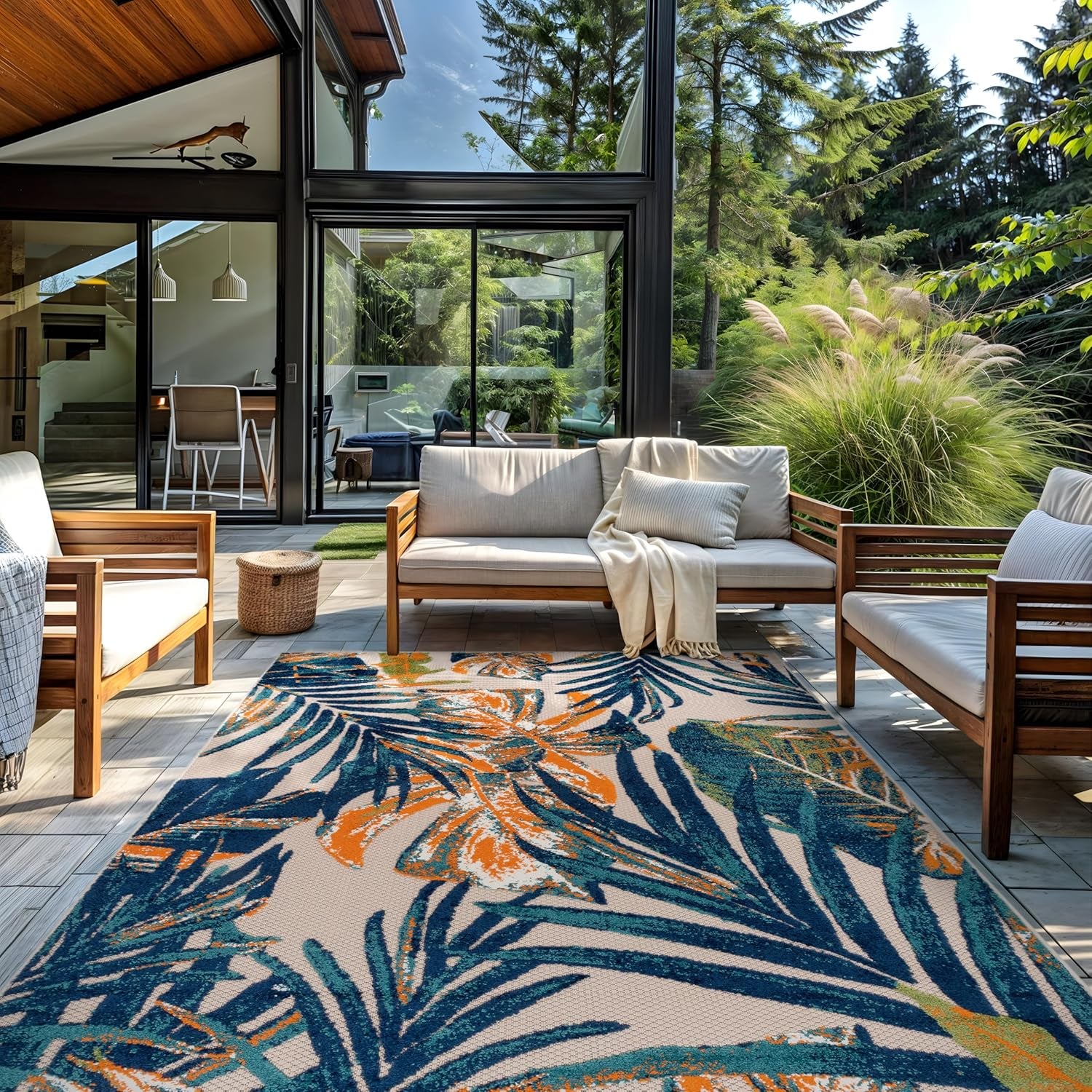 Indoor/Outdoor Floral Tropical Durable Area Rug Multi 7'10" X 10' | Non-Shedding, High Traffic, Leaves, Rectangular, Size 7'10" X 10', Patio, Deck, Porch, Balcony, Backyard, Garden, Poolside