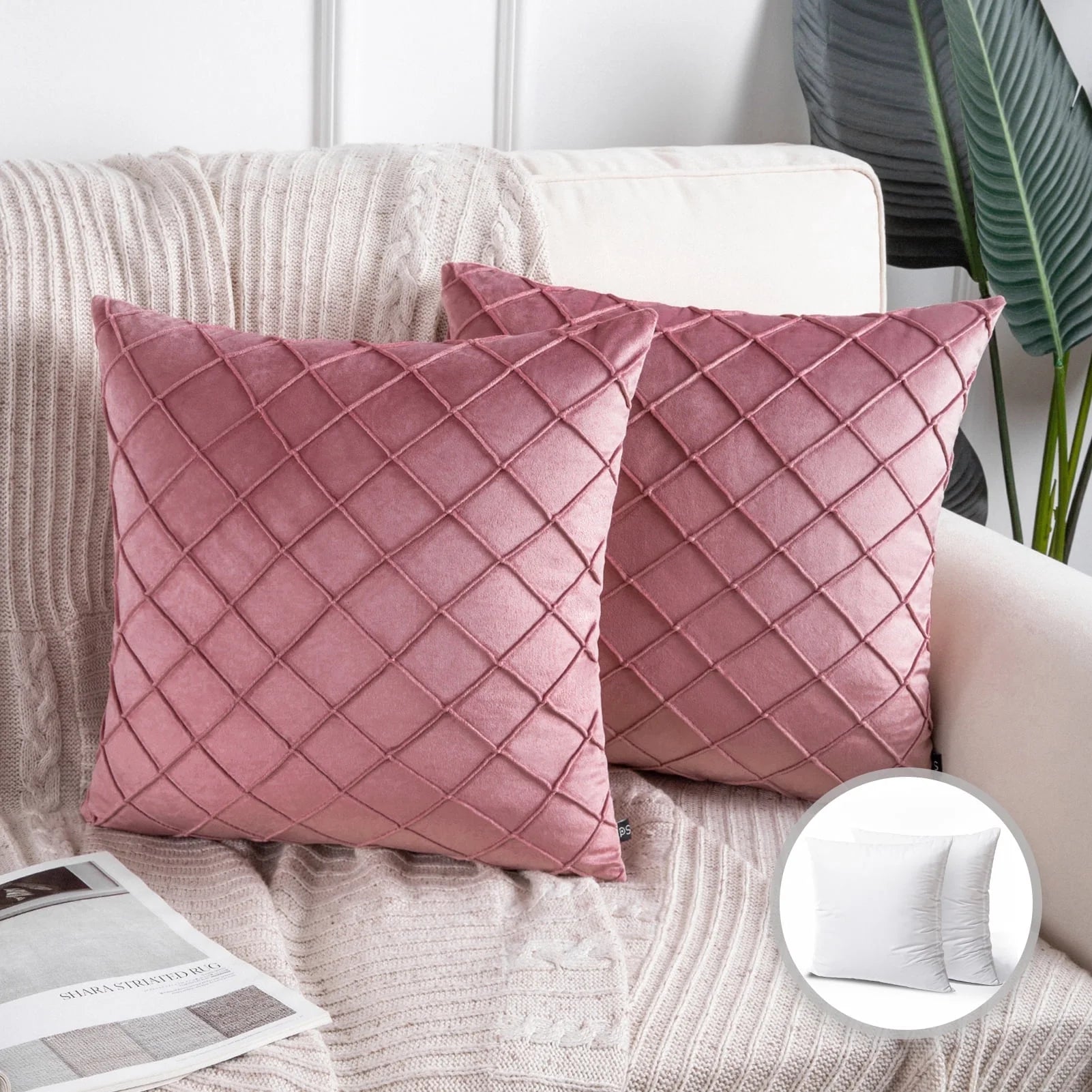 Pleated Velvet Pillow Covers, 18X18 Inch Set of 2, Square Decorative Throw Pillow Cases for Couch & Bed, Luxury Soft Cushion Covers, Pink