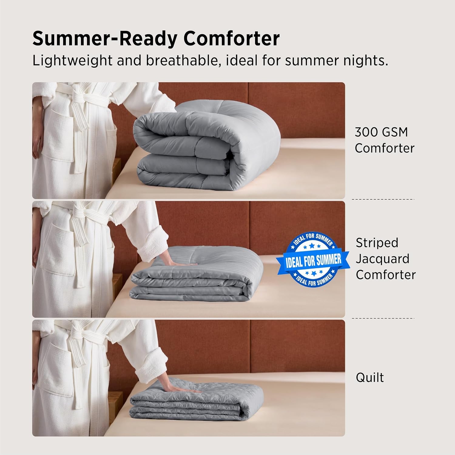 Bedsure Duvet Insert King Size - Lightweight Comforter, Quilted Cooling Duvet Insert, down Alternative Summer Comforter with 8 Tabs, Ultra Soft Blanket, Striped, King, Light Grey, 90X102 Inches