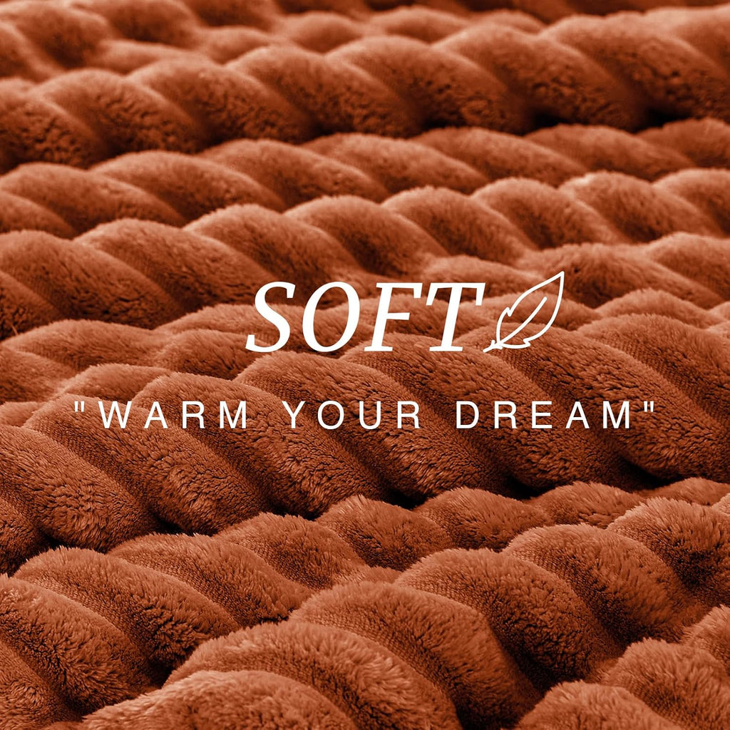 Fluffy Comforter Set Full Size - Super Soft Faux Fur Stripe Jacquard Comforter 3 Pieces, Terracotta Fleece Bedding Set,Winter Warm Bed Set,1 Comforter with 2 Pillowcases