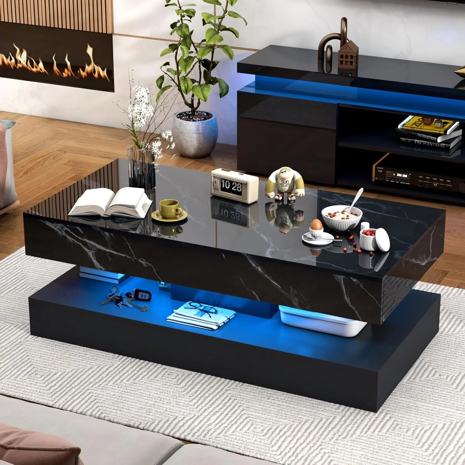 Large Black LED Coffee Table with 2 Storage Drawers, Modern High Gloss Coffee Table W/20 Colors LED Lights/App Control, 2 Tiers Rectangle Large Living Room Furniture W/Marbling Print(47.3")