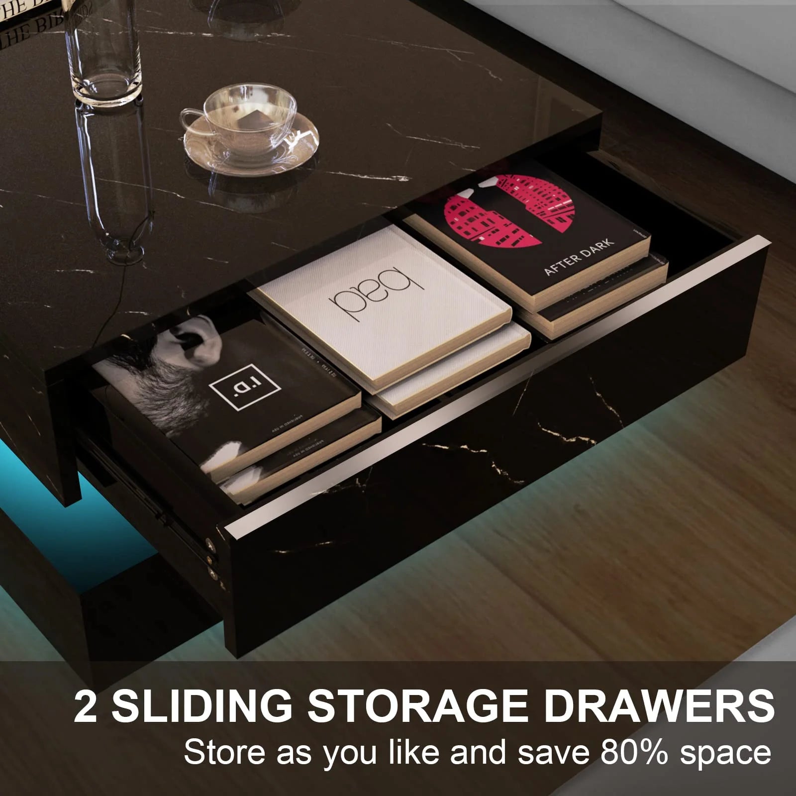 Large Black LED Coffee Table with 2 Storage Drawers, Modern High Gloss Coffee Table W/20 Colors LED Lights/App Control, 2 Tiers Rectangle Large Living Room Furniture W/Marbling Print(47.3")