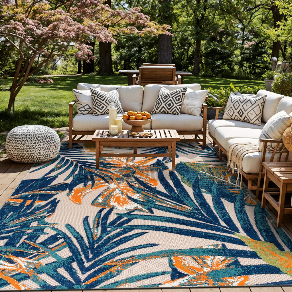 Indoor/Outdoor Floral Tropical Durable Area Rug Multi 7'10" X 10' | Non-Shedding, High Traffic, Leaves, Rectangular, Size 7'10" X 10', Patio, Deck, Porch, Balcony, Backyard, Garden, Poolside
