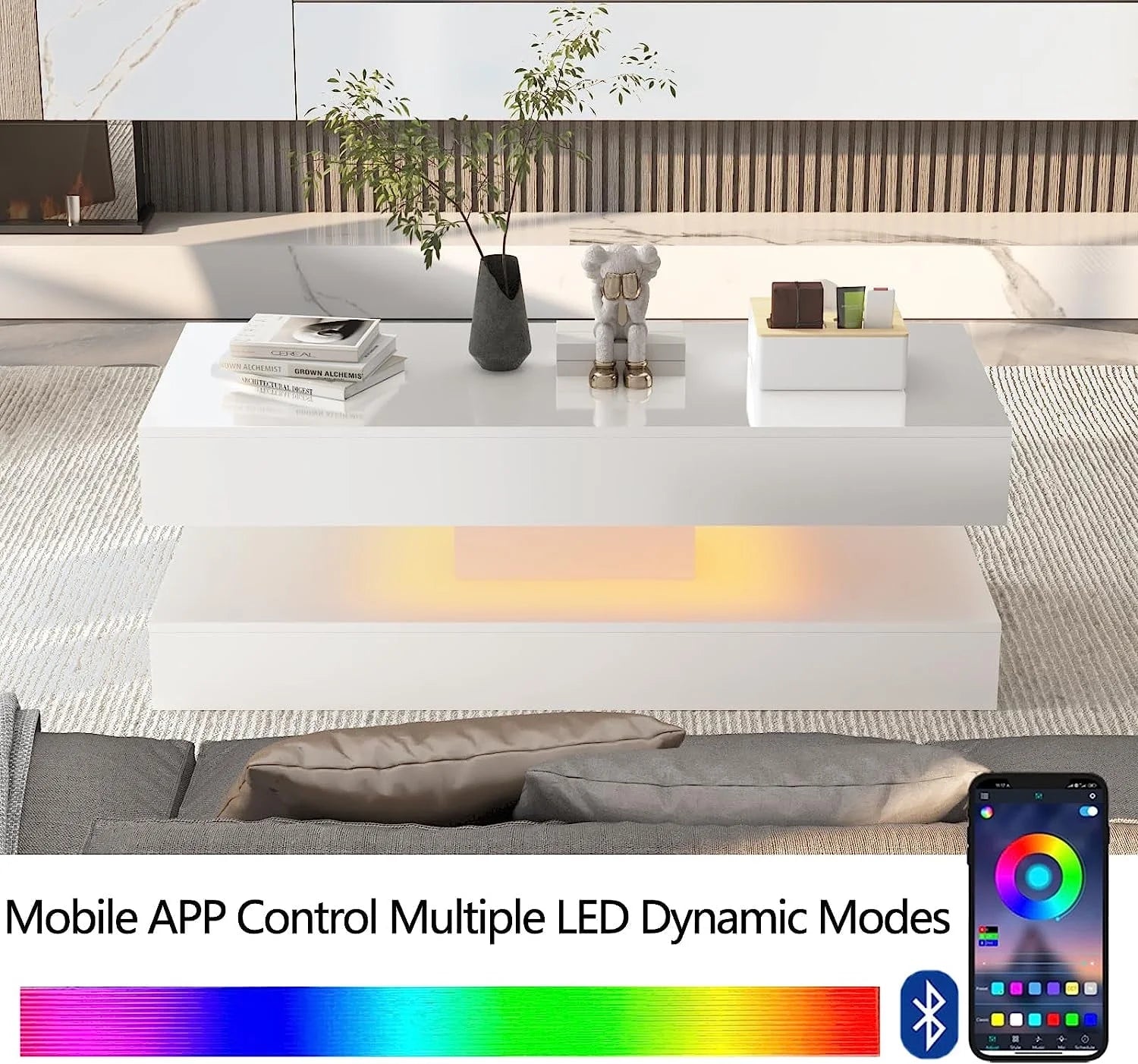 47.3" High Glossy LED Coffee Table with 2 Sliding Storage Drawers, Living Room Coffee Table W/App Control LED Lights, Modern Double-Layer Center Tables Large Furniture, White