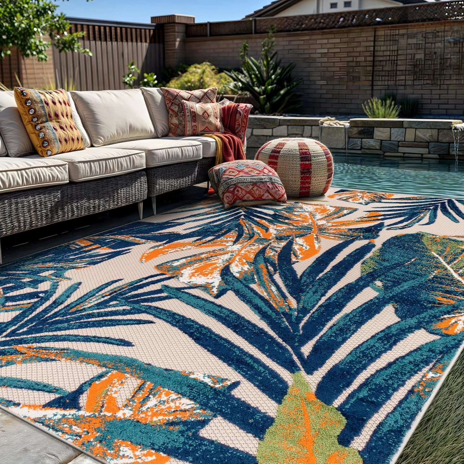 Indoor/Outdoor Floral Tropical Durable Area Rug Multi 7'10" X 10' | Non-Shedding, High Traffic, Leaves, Rectangular, Size 7'10" X 10', Patio, Deck, Porch, Balcony, Backyard, Garden, Poolside