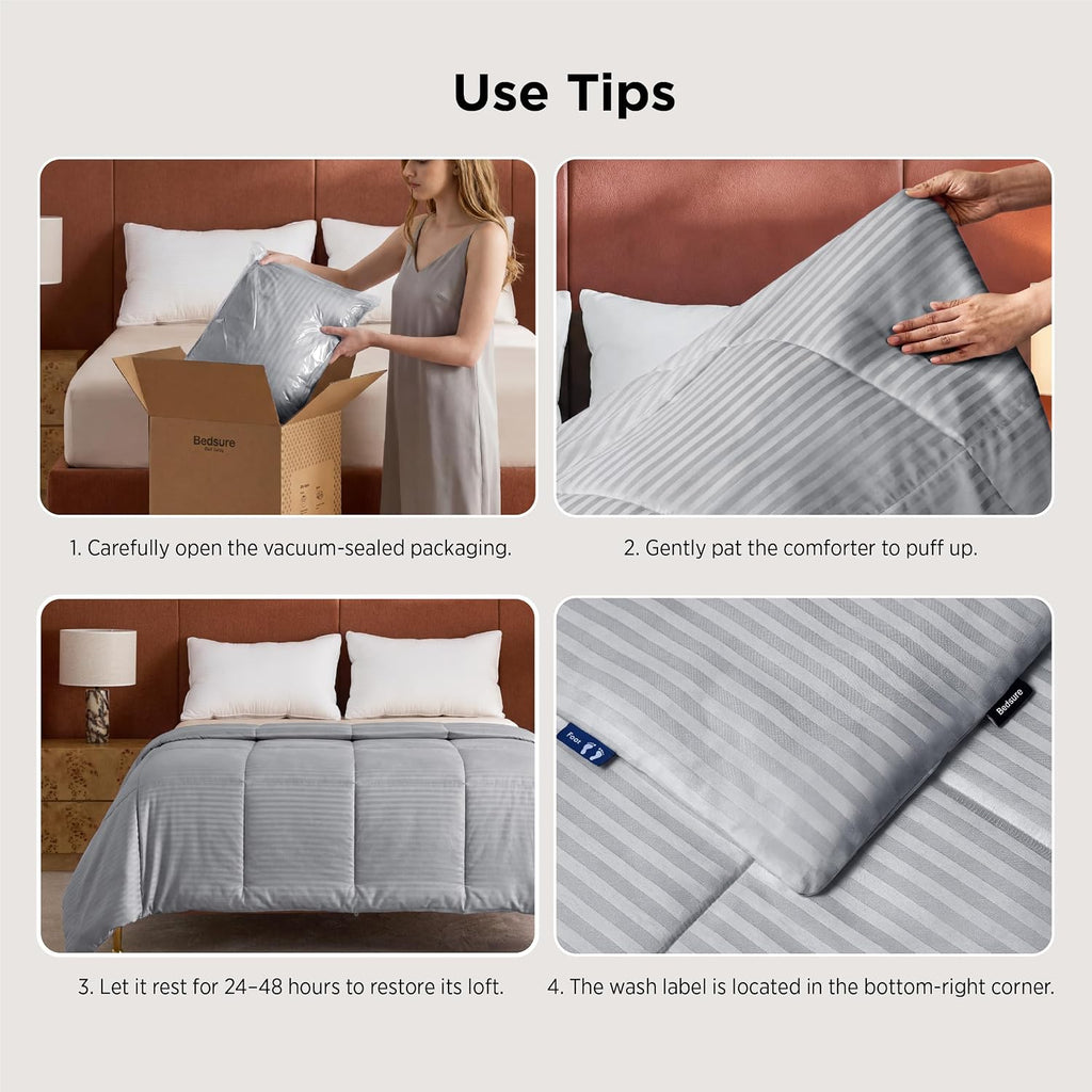 Bedsure Duvet Insert King Size - Lightweight Comforter, Quilted Cooling Duvet Insert, down Alternative Summer Comforter with 8 Tabs, Ultra Soft Blanket, Striped, King, Light Grey, 90X102 Inches