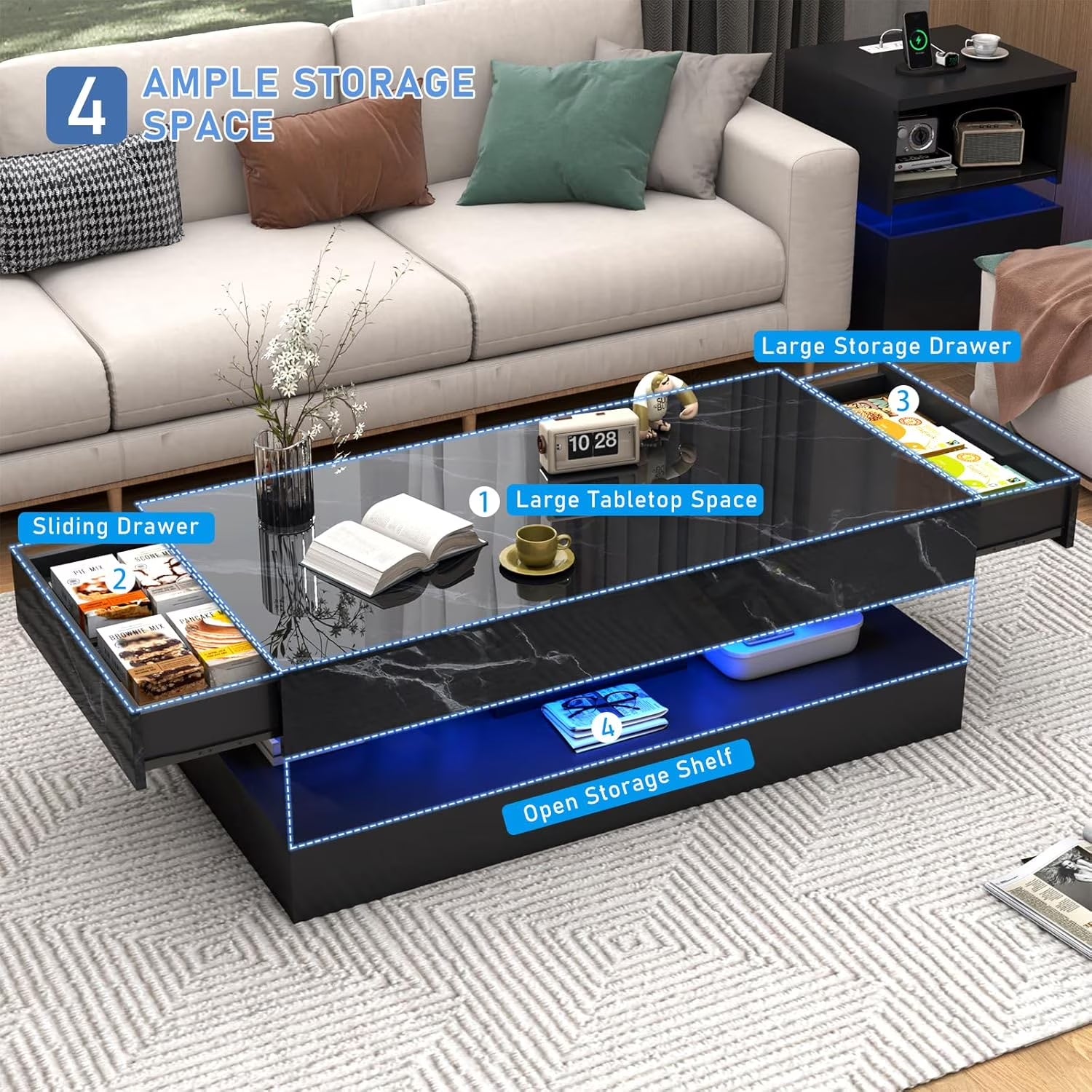 Large Black LED Coffee Table with 2 Storage Drawers, Modern High Gloss Coffee Table W/20 Colors LED Lights/App Control, 2 Tiers Rectangle Large Living Room Furniture W/Marbling Print(47.3")