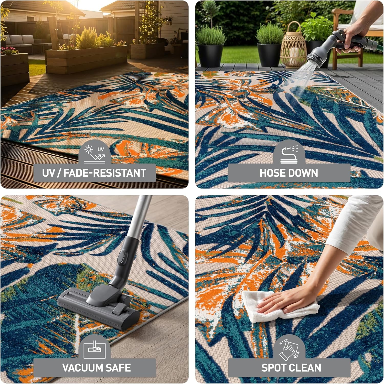 Indoor/Outdoor Floral Tropical Durable Area Rug Multi 7'10" X 10' | Non-Shedding, High Traffic, Leaves, Rectangular, Size 7'10" X 10', Patio, Deck, Porch, Balcony, Backyard, Garden, Poolside
