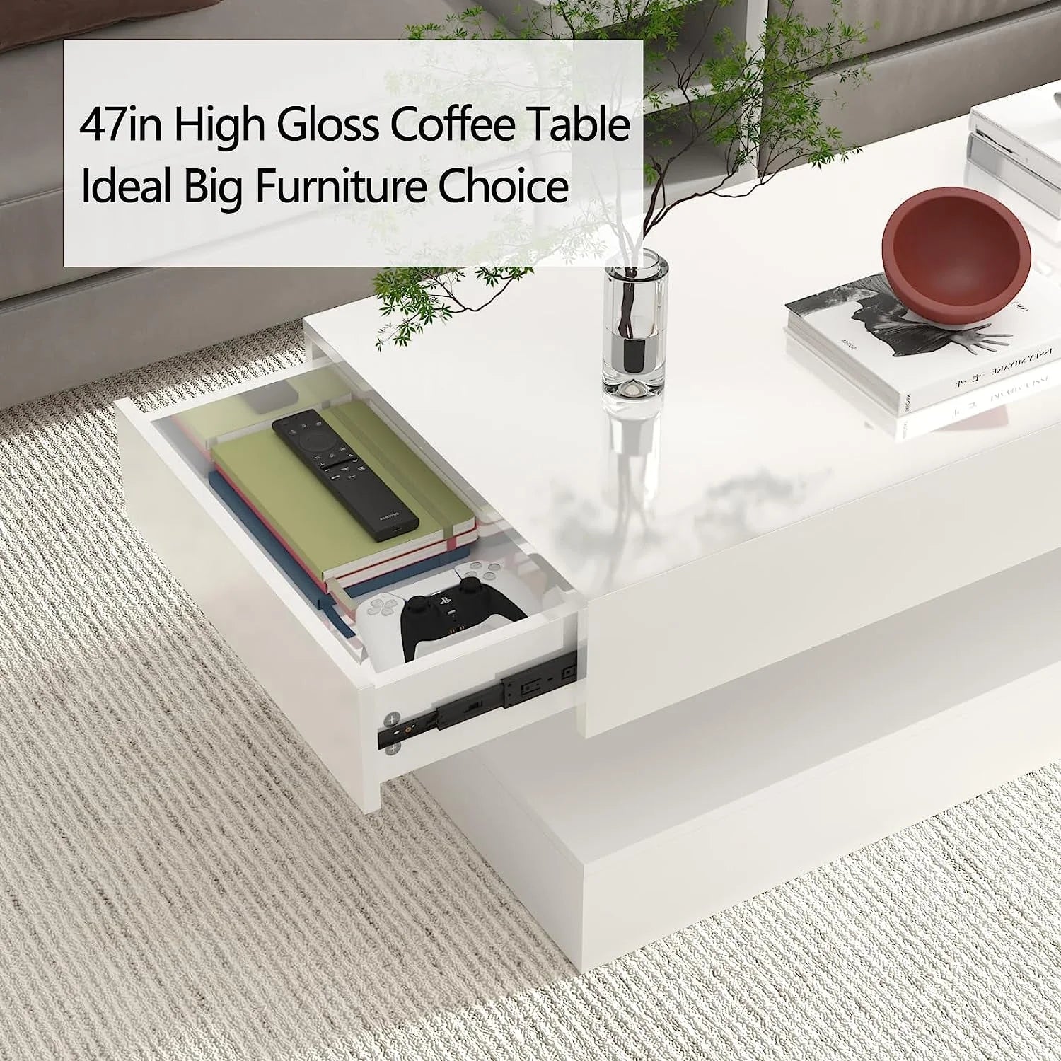 47.3" High Glossy LED Coffee Table with 2 Sliding Storage Drawers, Living Room Coffee Table W/App Control LED Lights, Modern Double-Layer Center Tables Large Furniture, White
