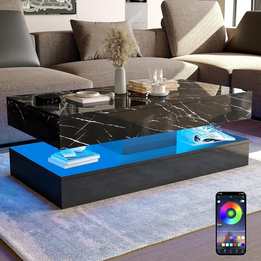 Large Black LED Coffee Table with 2 Storage Drawers, Modern High Gloss Coffee Table W/20 Colors LED Lights/App Control, 2 Tiers Rectangle Large Living Room Furniture W/Marbling Print(47.3")