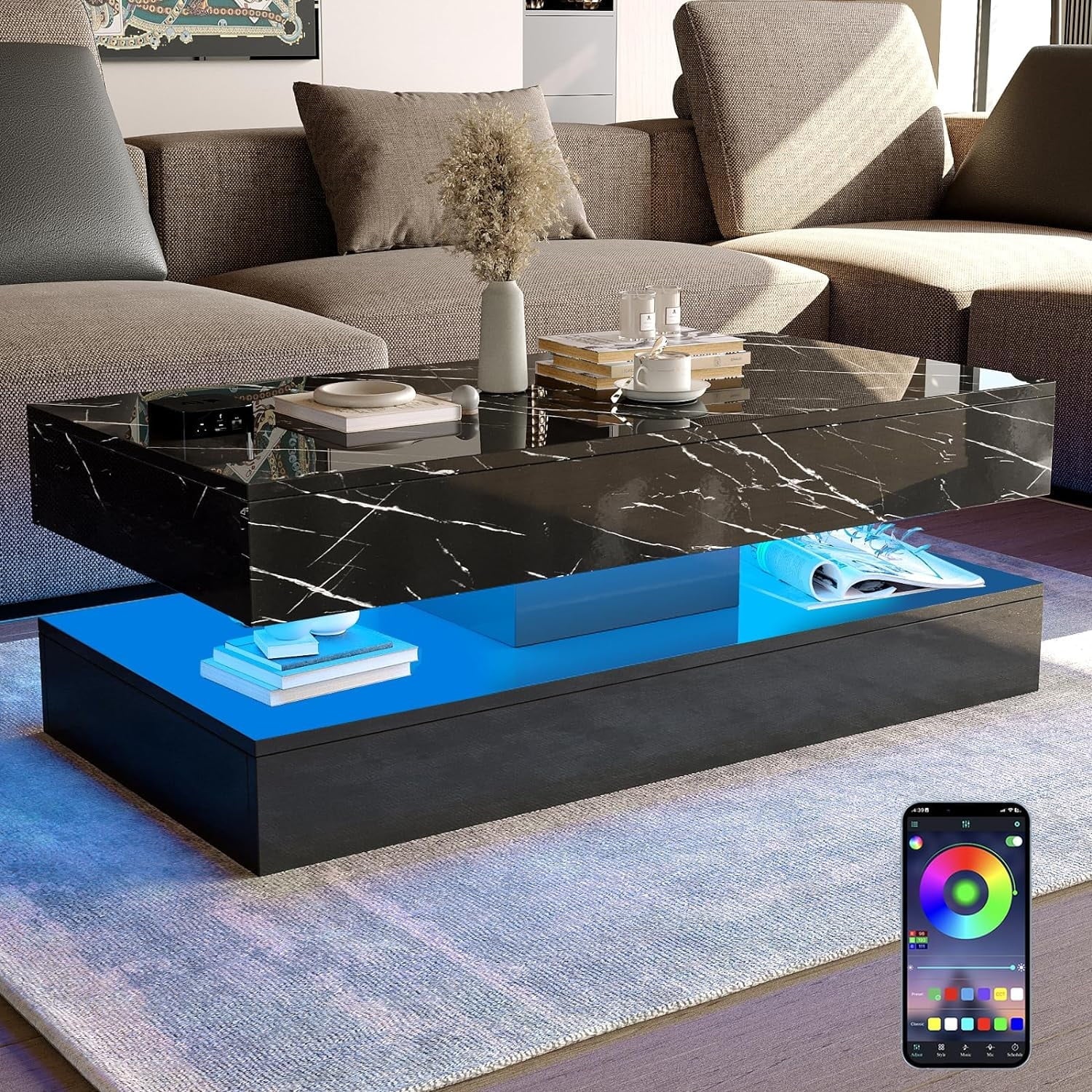 Large Black LED Coffee Table with 2 Storage Drawers, Modern High Gloss Coffee Table W/20 Colors LED Lights/App Control, 2 Tiers Rectangle Large Living Room Furniture W/Marbling Print(47.3")