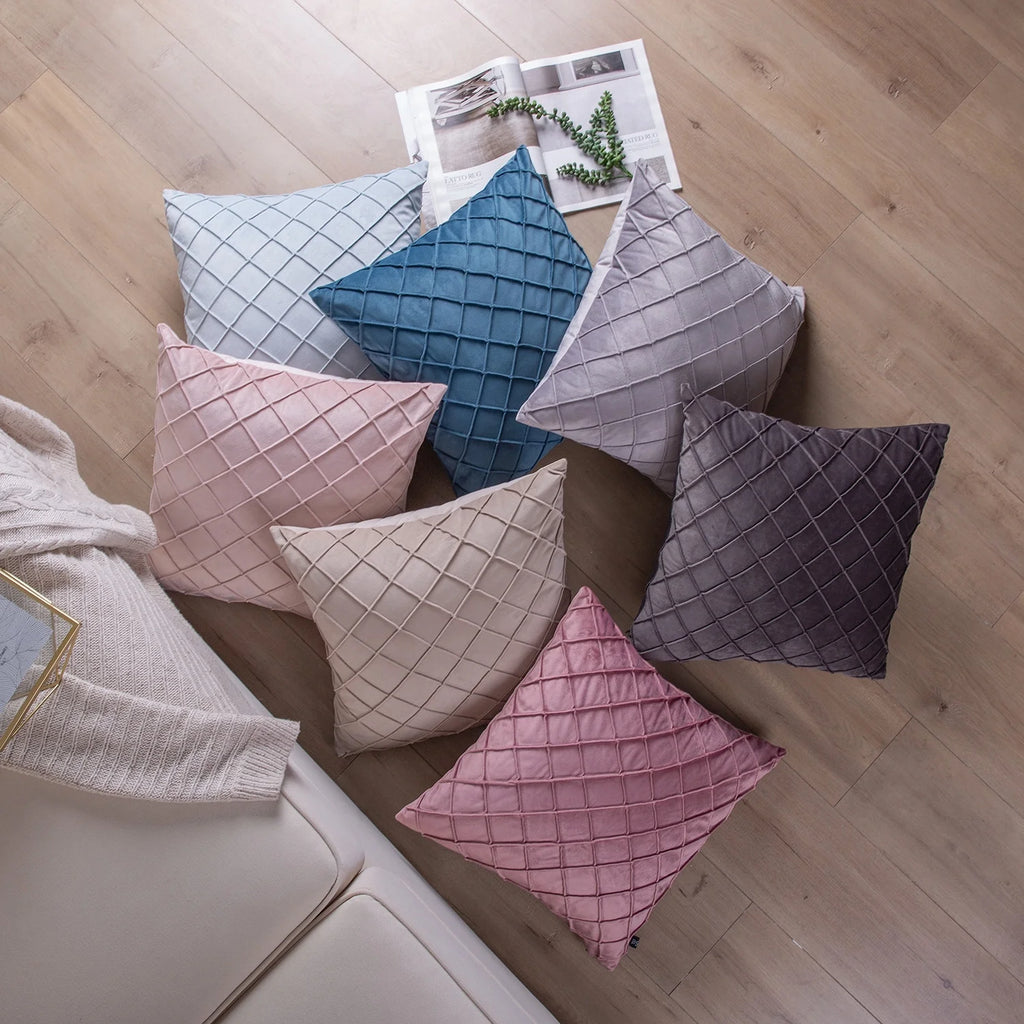 Pleated Velvet Pillow Covers, 18X18 Inch Set of 2, Square Decorative Throw Pillow Cases for Couch & Bed, Luxury Soft Cushion Covers, Pink
