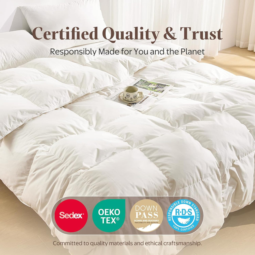 Goose Feather down Fiber Comforter Oversized King, All Season | 100% Organic Cotton Shell Duvet Insert, Medium Warmth Hotel Luxury Bedding Comforter, 120 X 98 Inches, White
