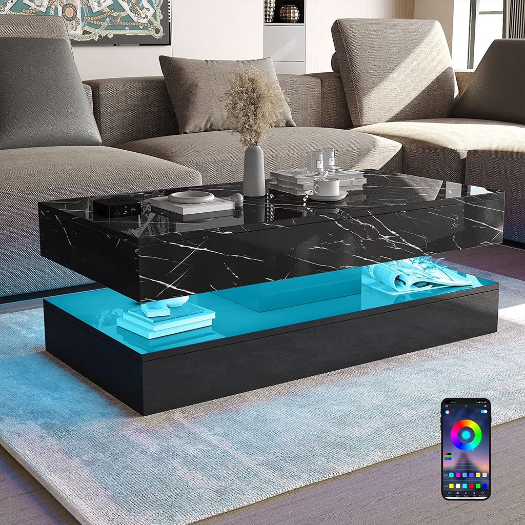 Large Black LED Coffee Table with 2 Storage Drawers, Modern High Gloss Coffee Table W/20 Colors LED Lights/App Control, 2 Tiers Rectangle Large Living Room Furniture W/Marbling Print(47.3")