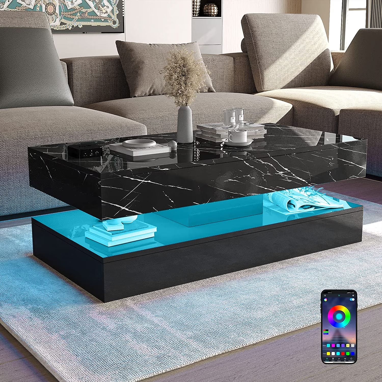 Large Black LED Coffee Table with 2 Storage Drawers, Modern High Gloss Coffee Table W/20 Colors LED Lights/App Control, 2 Tiers Rectangle Large Living Room Furniture W/Marbling Print(47.3")
