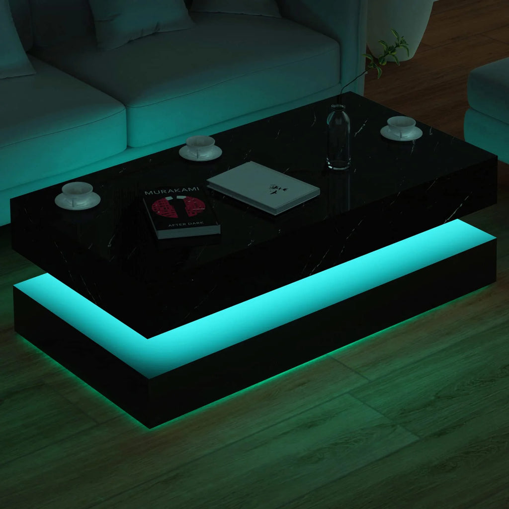 Large Black LED Coffee Table with 2 Storage Drawers, Modern High Gloss Coffee Table W/20 Colors LED Lights/App Control, 2 Tiers Rectangle Large Living Room Furniture W/Marbling Print(47.3")