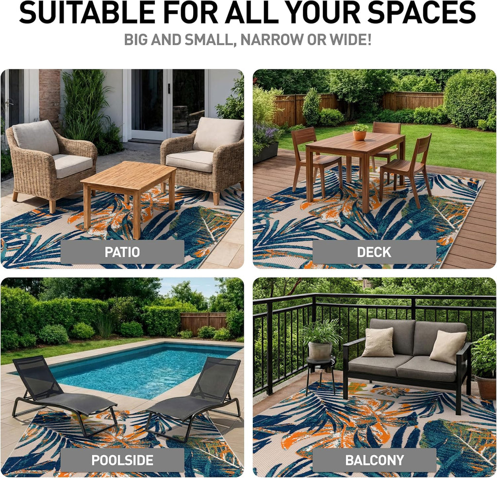 Indoor/Outdoor Floral Tropical Durable Area Rug Multi 7'10" X 10' | Non-Shedding, High Traffic, Leaves, Rectangular, Size 7'10" X 10', Patio, Deck, Porch, Balcony, Backyard, Garden, Poolside