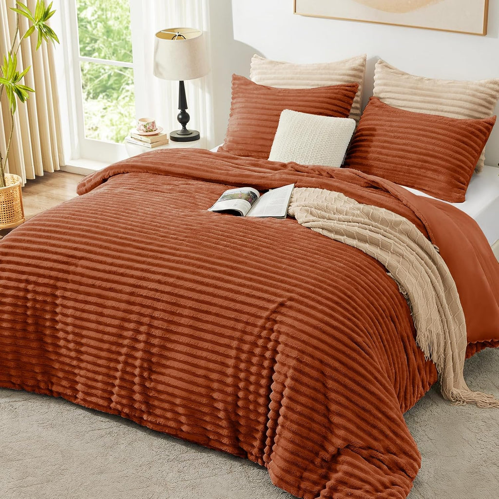 Fluffy Comforter Set Full Size - Super Soft Faux Fur Stripe Jacquard Comforter 3 Pieces, Terracotta Fleece Bedding Set,Winter Warm Bed Set,1 Comforter with 2 Pillowcases