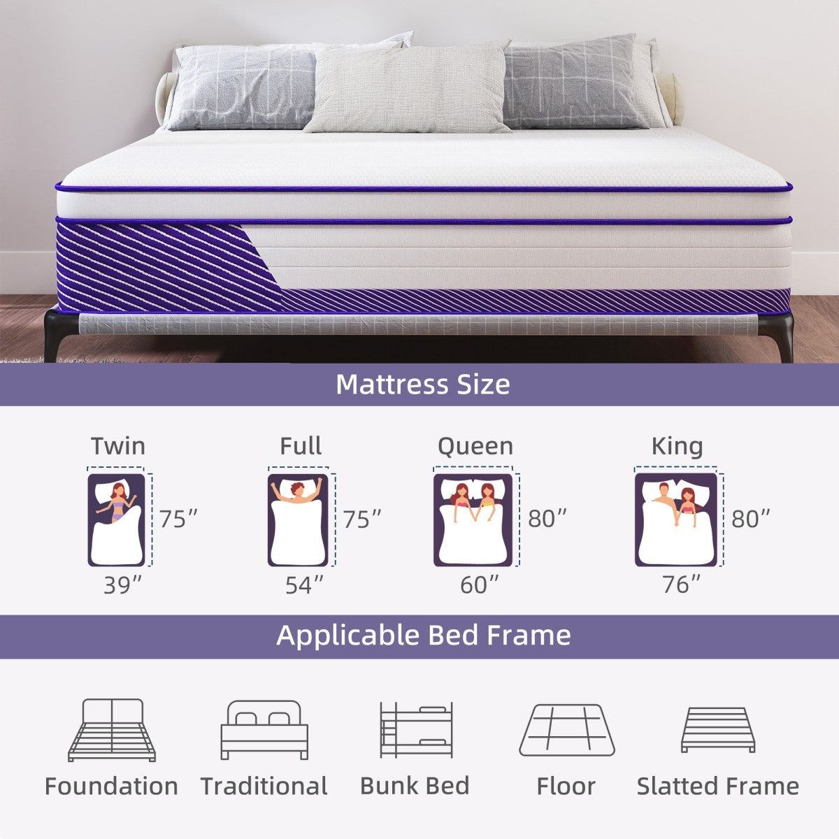 12"14" Gel Memory Foam Spring Hybrid Queen Mattress Twin Full King Size in a Box